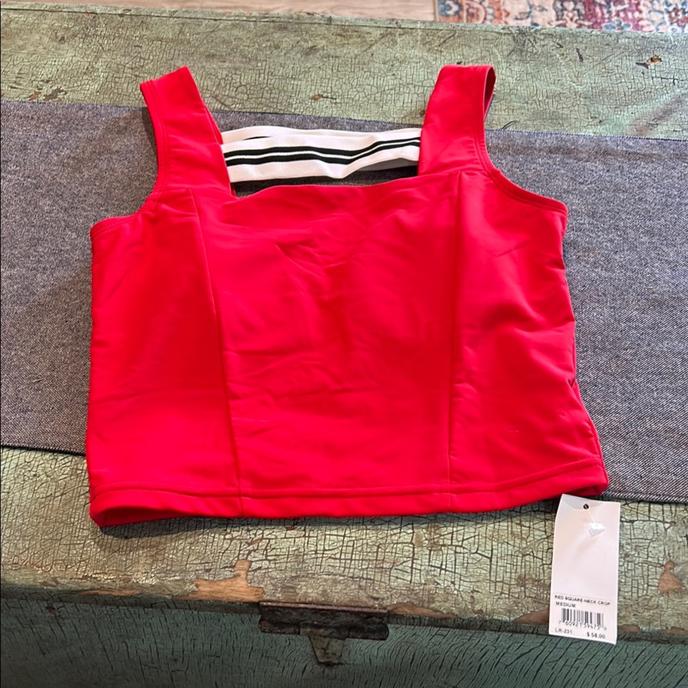 Lime Ricki Red Square Neck Crop Swim Top NWT